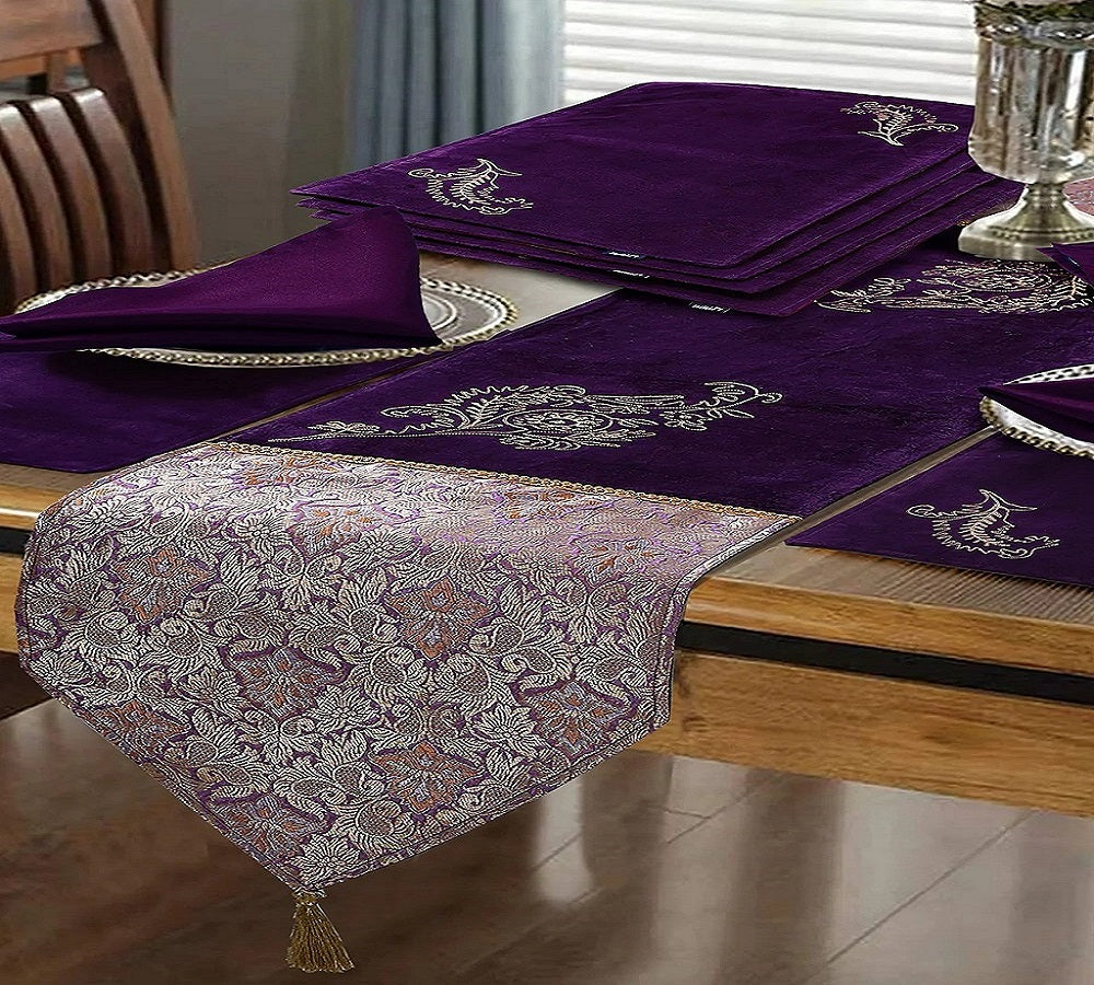 Zanita Purple Embroidered 9 Pcs Table Runner Set Velvet ( 8 Seater )