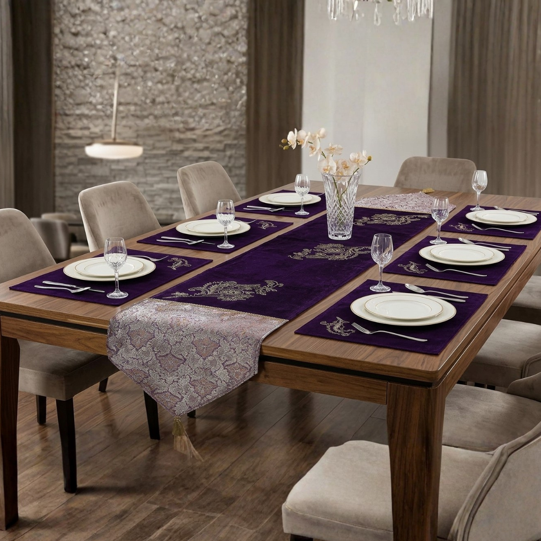 Zanita Purple Embroidered 7 Pcs Table Runner Set Velvet