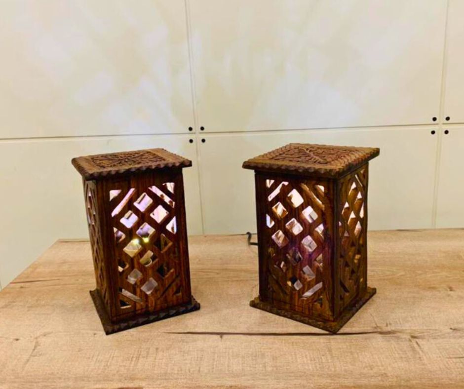 Zephyr Carved Wooden Table Lamp Pair