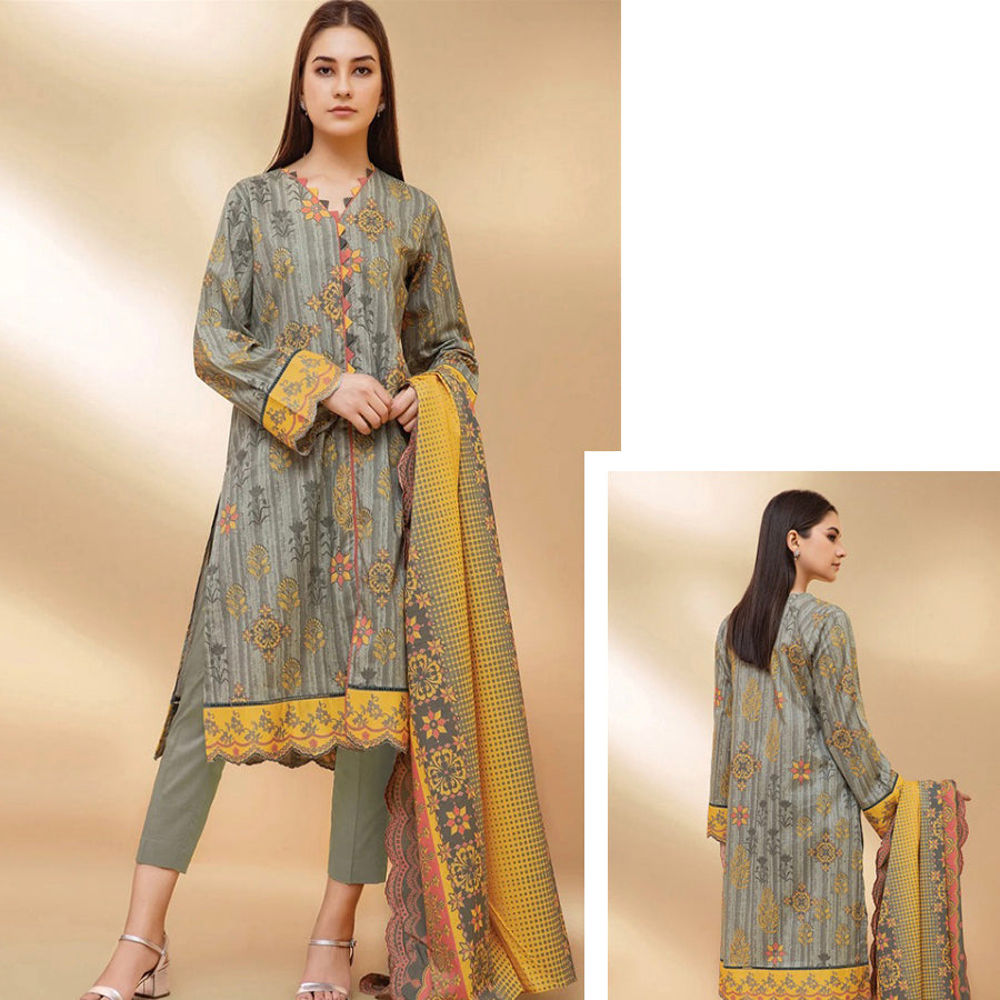 Edenrobe Allure 3 Pcs Unstitched Printed Khaddar Suit Olive Green