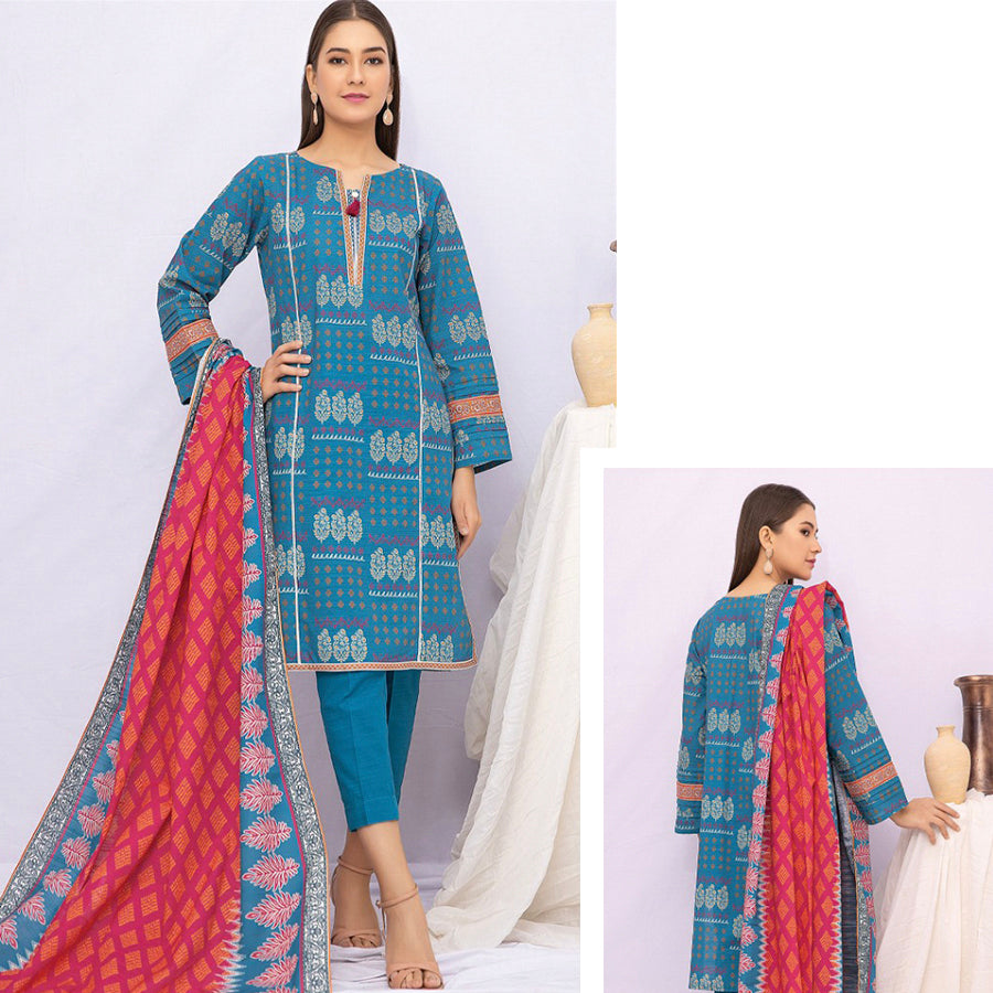 Edenrobe Allure 3 Pcs Unstitched Printed Khaddar Suit Turquoise Blue