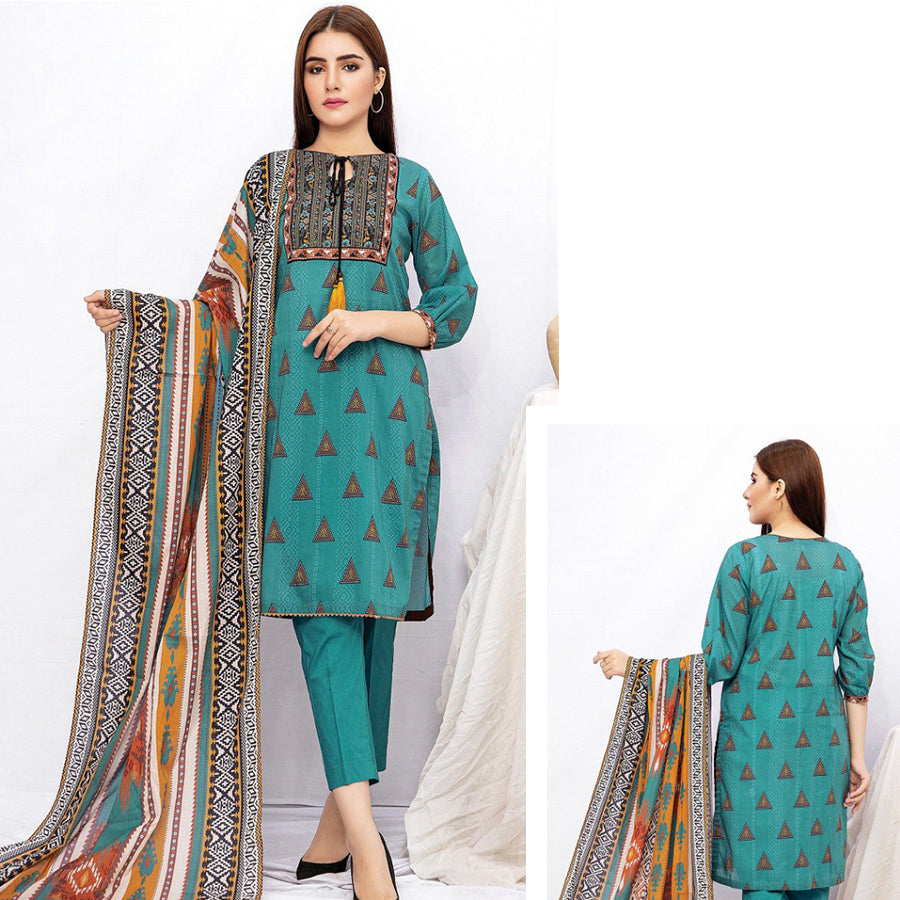 Edenrobe Allure 3 Pcs Unstitched Printed Khaddar Suit Teal Green