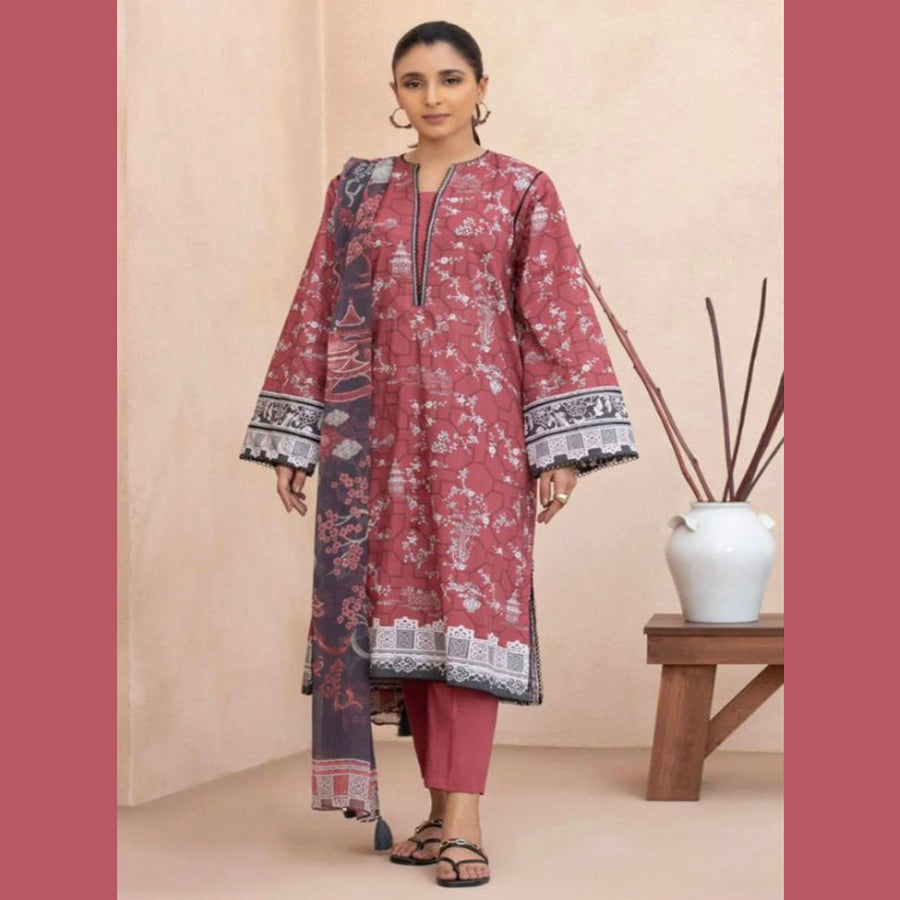 Sapphire Spring 3 Pcs Unstitched Printed Linen Suit Pastel Maroon